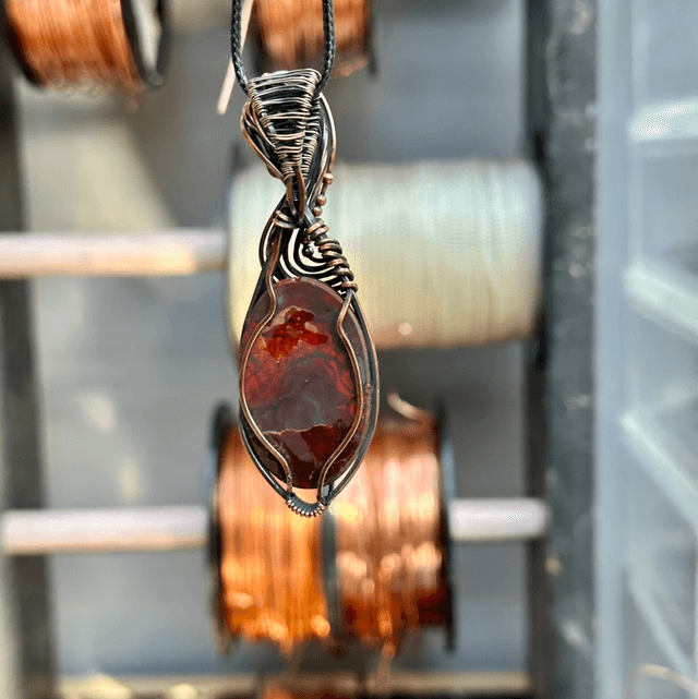 Red jasper x Hematite pure copper wrapped pendant 