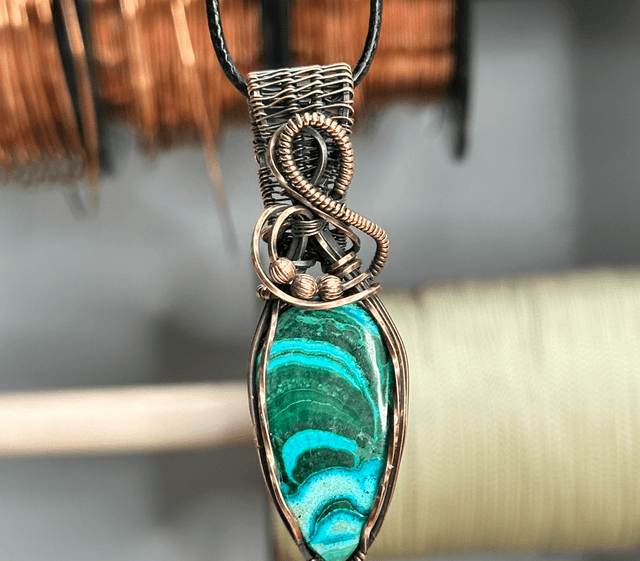Malachite &Chrysocolla pure copper wrapped pendant 