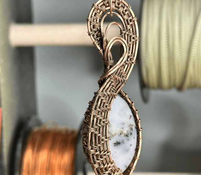 Pink dendritic opal pure copper wrapped pendant 