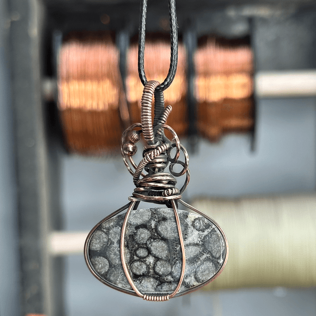 Black fossil coral pure copper wire wrapped pendant 