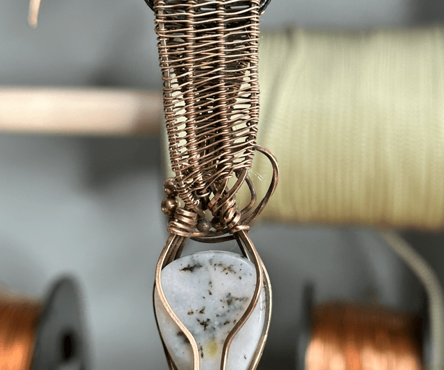 Pink dendritic opal pure copper wrapped pendant 