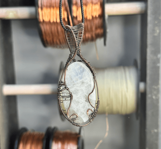 “Tree of life”Rainbow moonstone pure copper wrapped pendant 