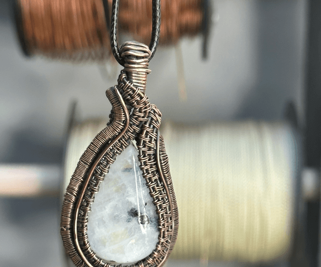 Rainbow moonstone pure copper wrapped pendant 