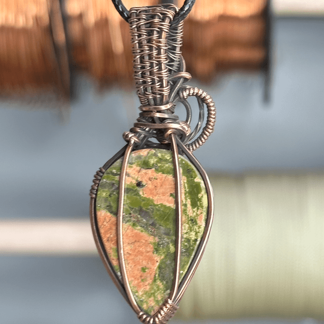 Unakite Jasper pure copper wire wrapped pendant 
