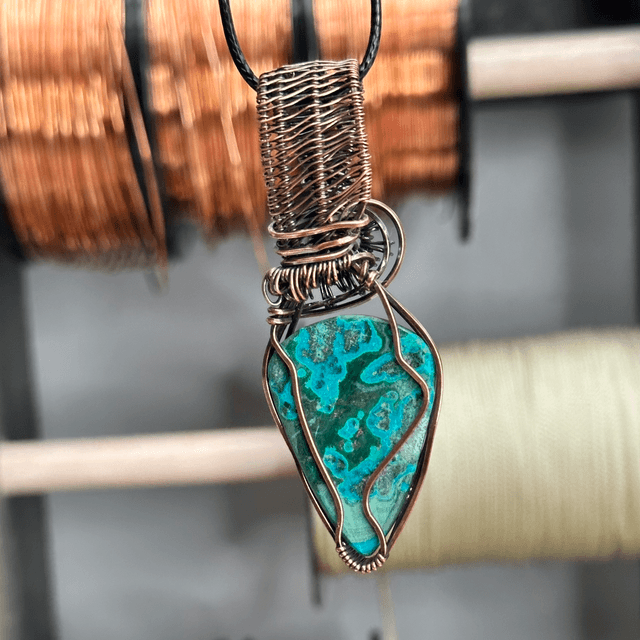 Malachite & Chrysocolla pure copper wrapped pendant 