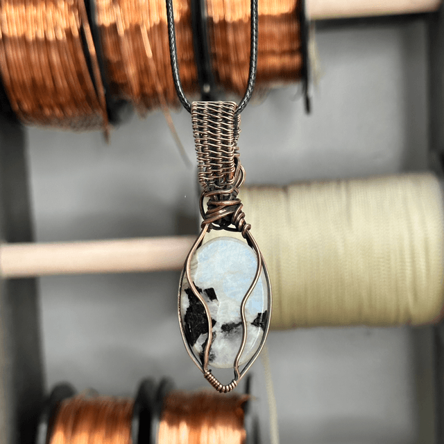 Rainbow moonstone pure copper wrapped pendant 