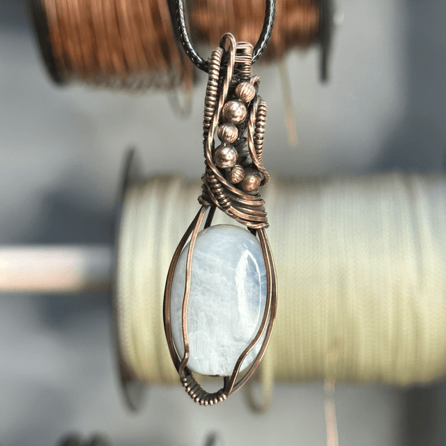 Rainbow moonstone pure copper wrapped pendant 