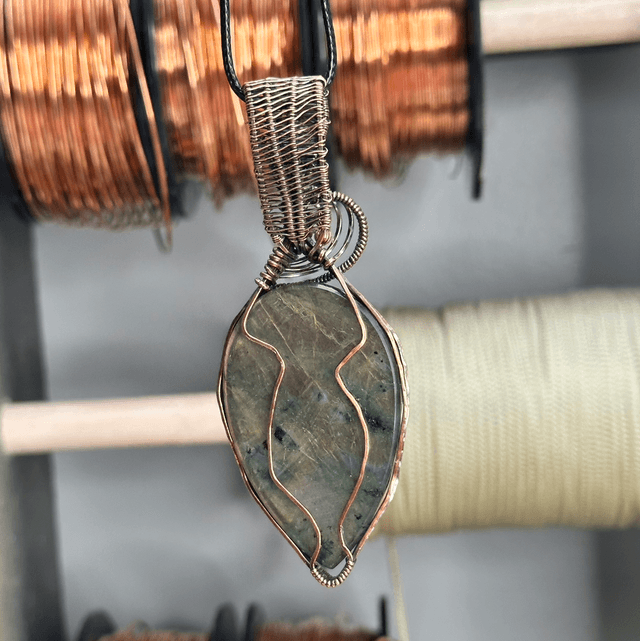 Purple labradorite pure copper wrapped pendant 