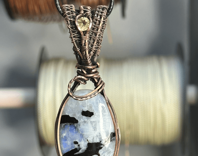 Rainbow moonstone pure copper wrapped pendant 