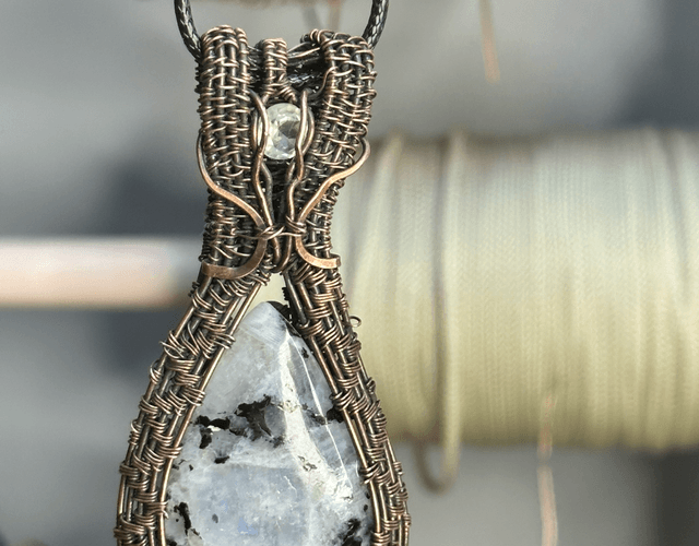 Rainbow moonstone pure copper wrapped pendant 