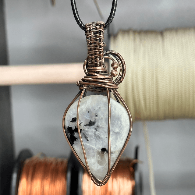 Rainbow moonstone wrapped in pure copper pendant 