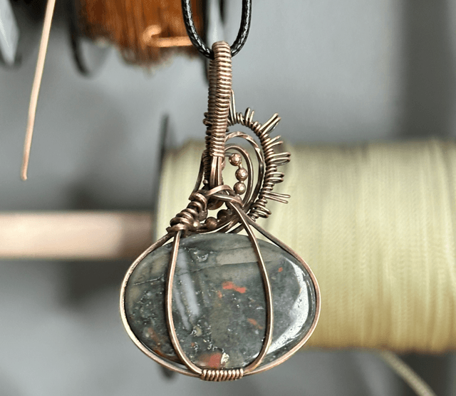 Bloodstone pure copper wrapped pendant