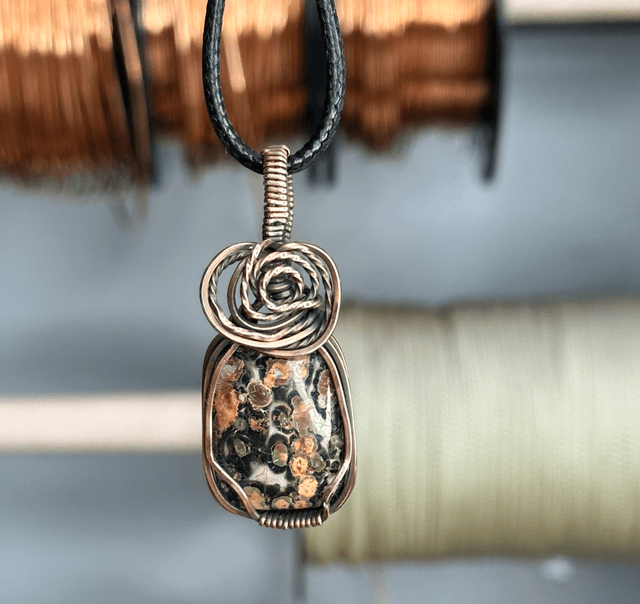 Leopard skin Jasper pure copper wire wrapped pendant 