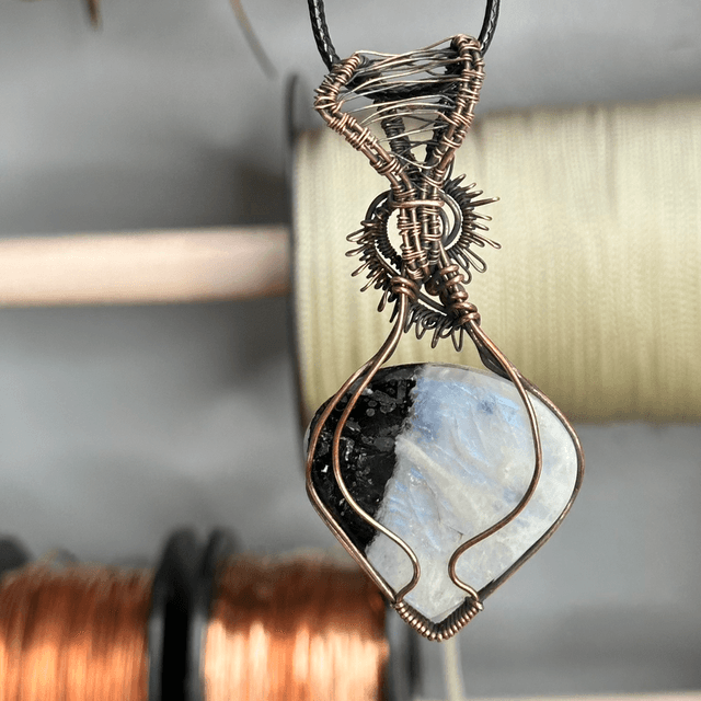 Rainbow moonstone pure copper wrapped pendant 