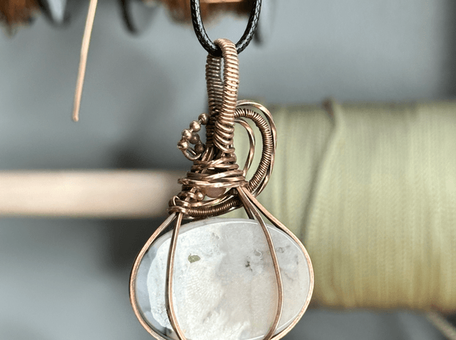 Pink dendritic opal pure copper wrapped pendant 