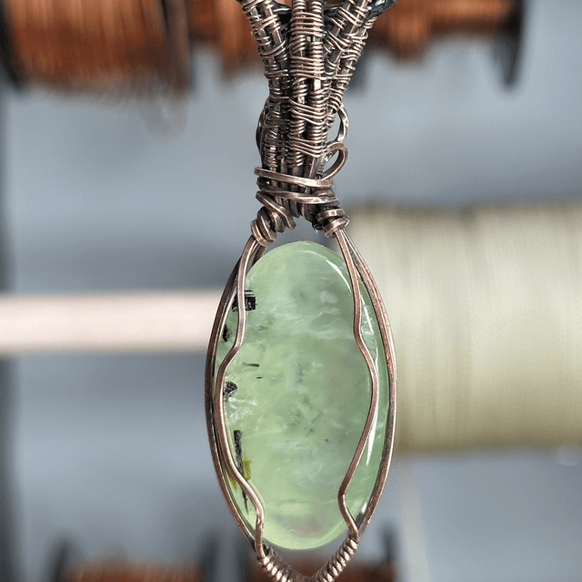 Prehnite pure copper wire wrapped pendant 