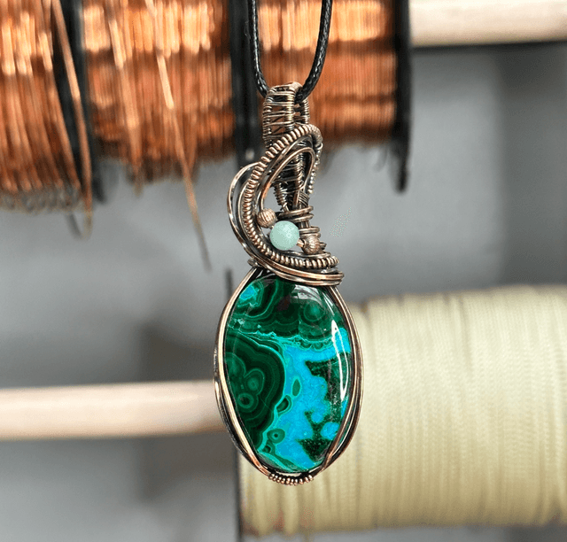 Malachite &Chrysocolla pure copper wrapped pendant 