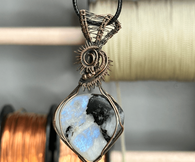 Rainbow moonstone pure copper wrapped pendant 