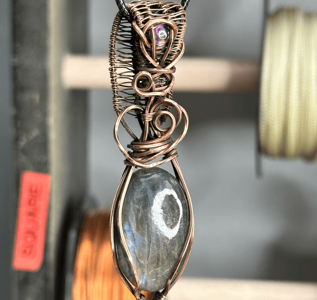 Purple labradorite pure copper wrapped pendant 