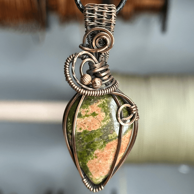 Unakite Jasper pure copper wire wrapped pendant 