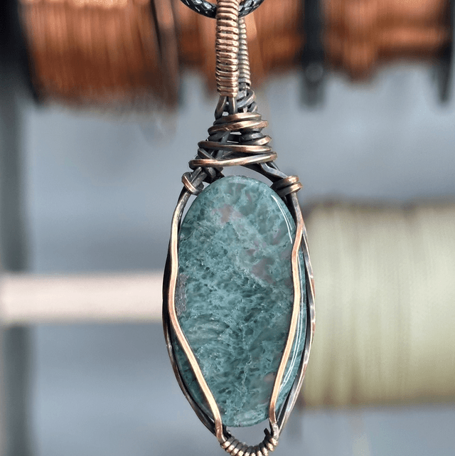 Moss Agate pure copper wire wrapped pendant 