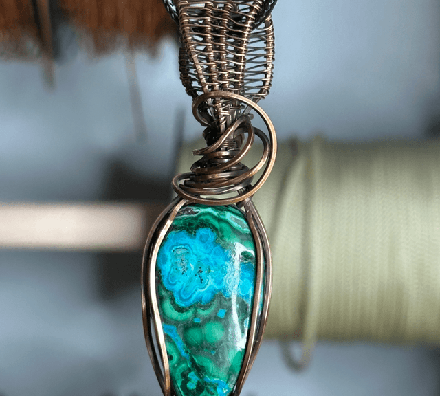 Malachite & Chrysocolla pure copper wrapped pendant 