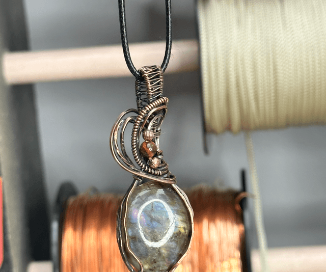 Purple labradorite pure copper wrapped pendant 