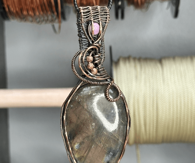Purple labradorite pure copper wrapped pendant 