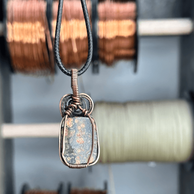 Leopard skin Jasper pure copper wire wrapped pendant 