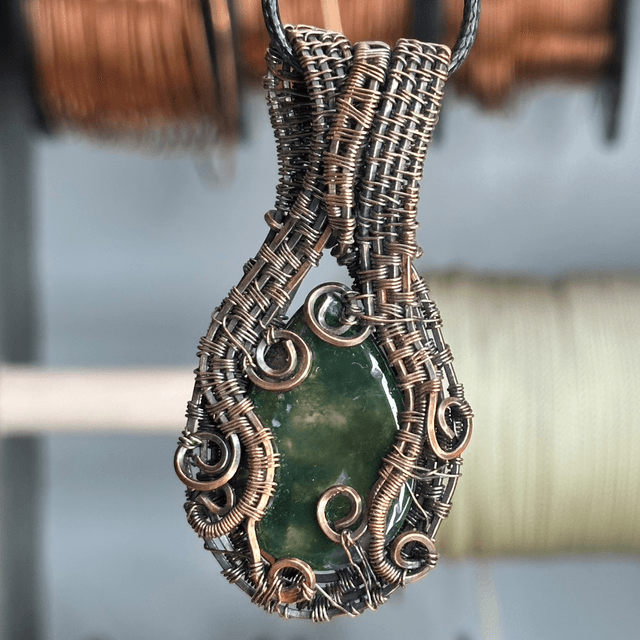 Moss Agate and yellow citrine pure copper wire wrapped pendant 