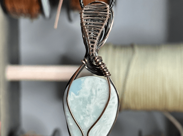 Larimar pure copper wrapped pendant 