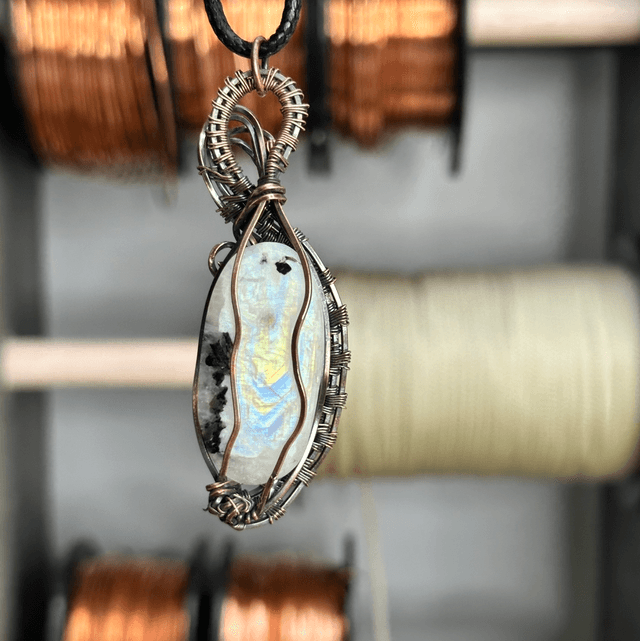 Rainbow moonstone pure copper wrapped pendant 