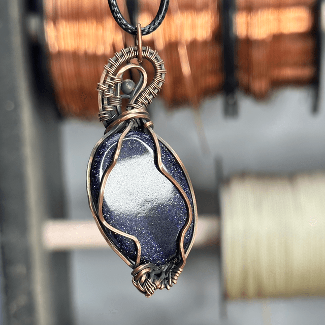 Blue goldstone pure copper wrapped pendant 