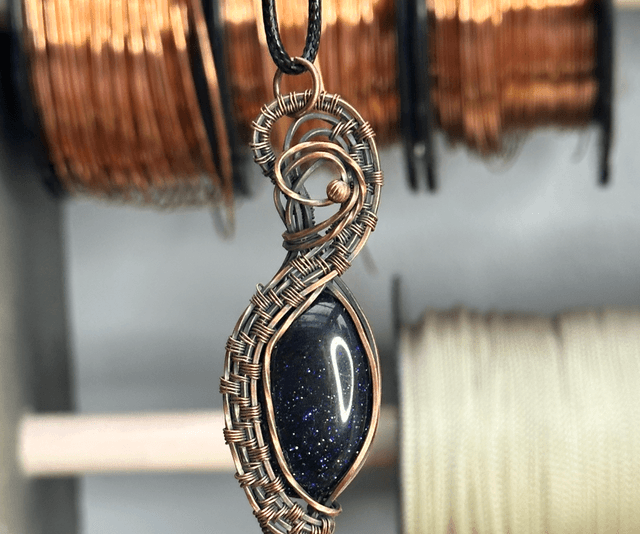 Blue goldstone pure copper wrapped pendant 
