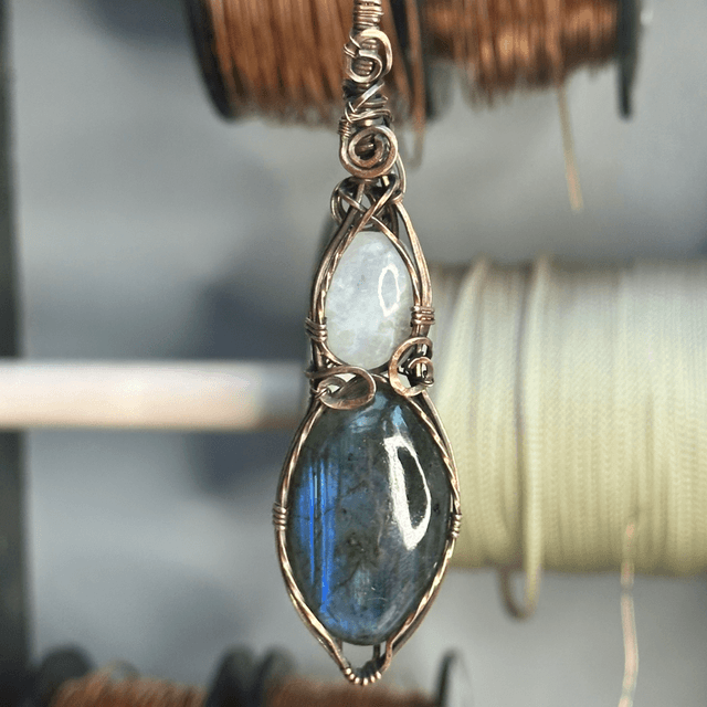 Blue Labradorite & Rainbow moonstone pure copper wrapped pendant 