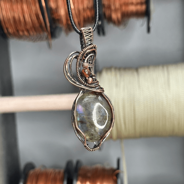 Purple labradorite pure copper wrapped pendant 