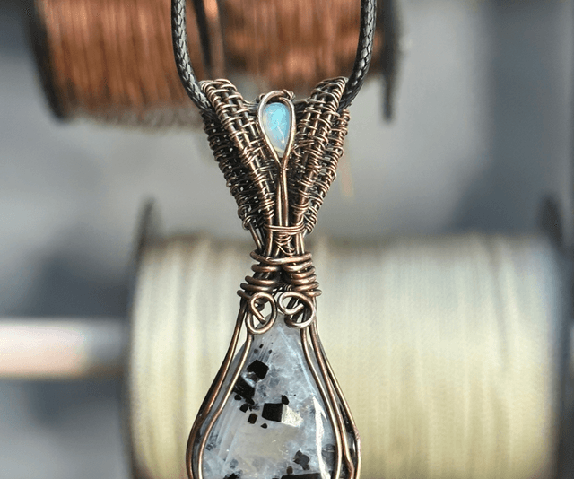 Rainbow moonstone pure copper wrapped pendant 