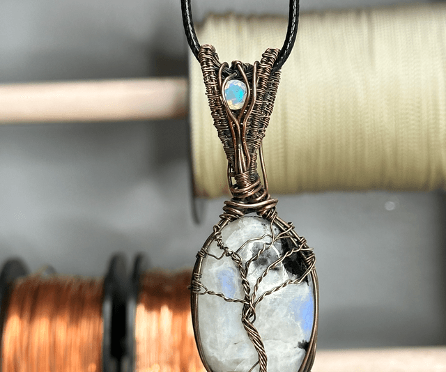 “Tree of life” Rainbow moonstone pure copper wrapped pendant 