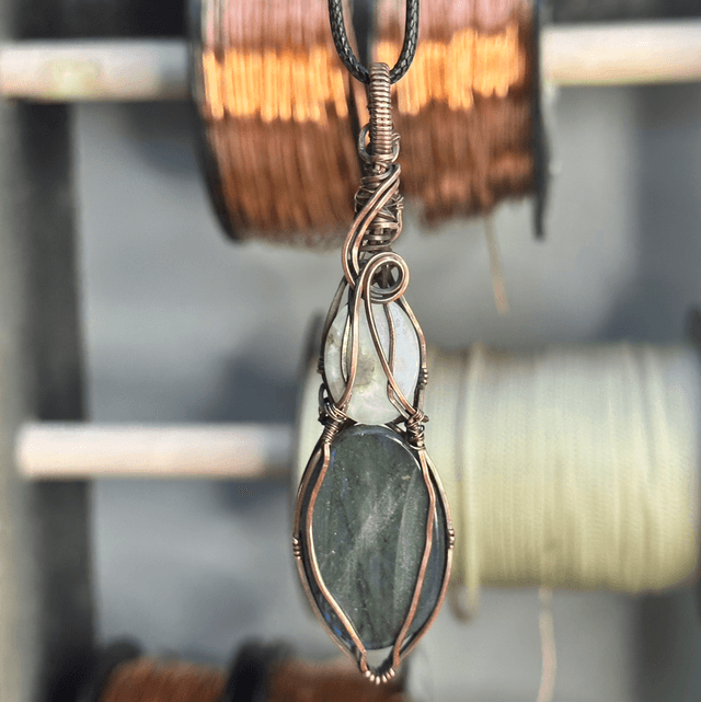 Blue Labradorite & Rainbow moonstone pure copper wrapped pendant 