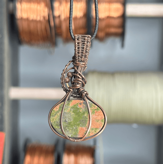 Unakite Jasper pure copper wire wrapped pendant 