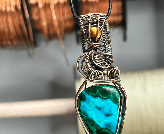 Malachite & Chrysocolla pure copper wrapped pendant 
