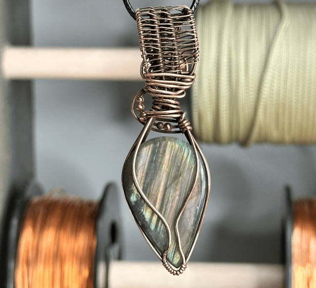 Purple labradorite pure copper wrapped pendant 