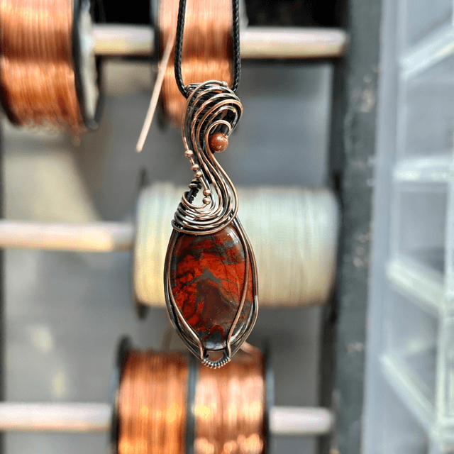Red jasper x Hematite pure copper wrapped pendant 