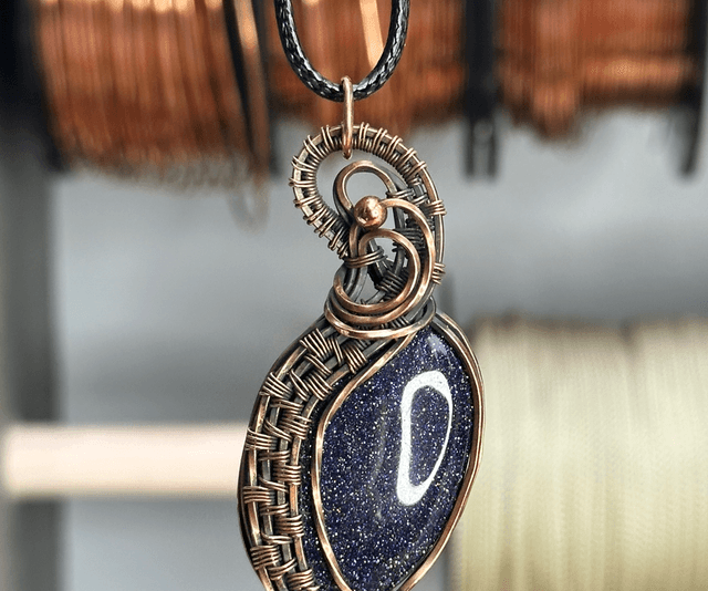Blue goldstone pure copper wrapped pendant 