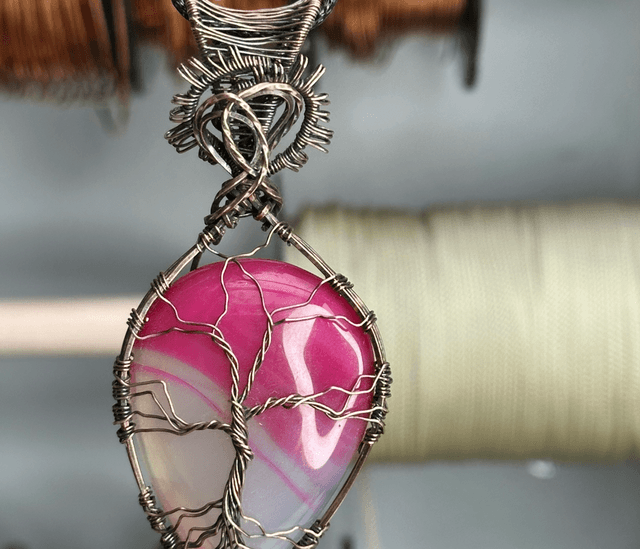 Tree of life Banded Agate pure copper wire wrapped pendant 