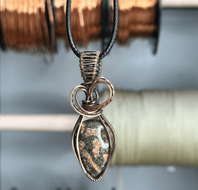 Leopard skin Jasper pure copper wire wrapped pendant 