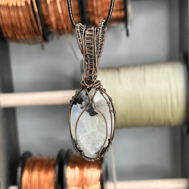 “Tree of life” Rainbow moonstone pure copper wrapped pendant 