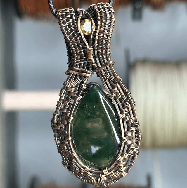 Moss Agate and yellow citrine pure copper wire wrapped pendant 