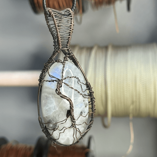 “Tree of life”Rainbow moonstone pure copper wrapped pendant 