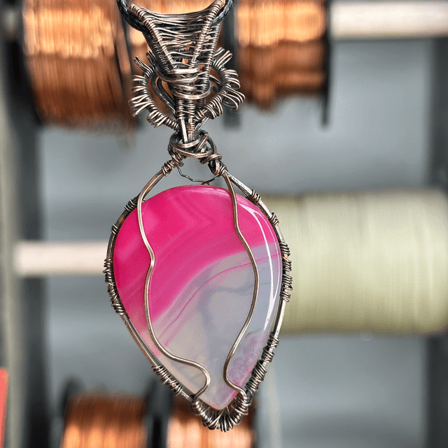 Tree of life Banded Agate pure copper wire wrapped pendant 